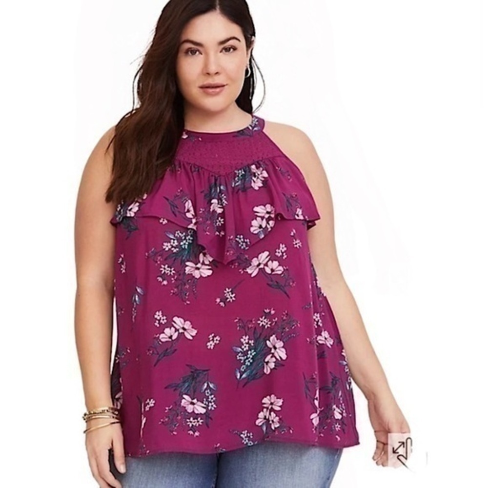 Torrid 2X Plum Floral Challis Ruffle Lace Tank Top